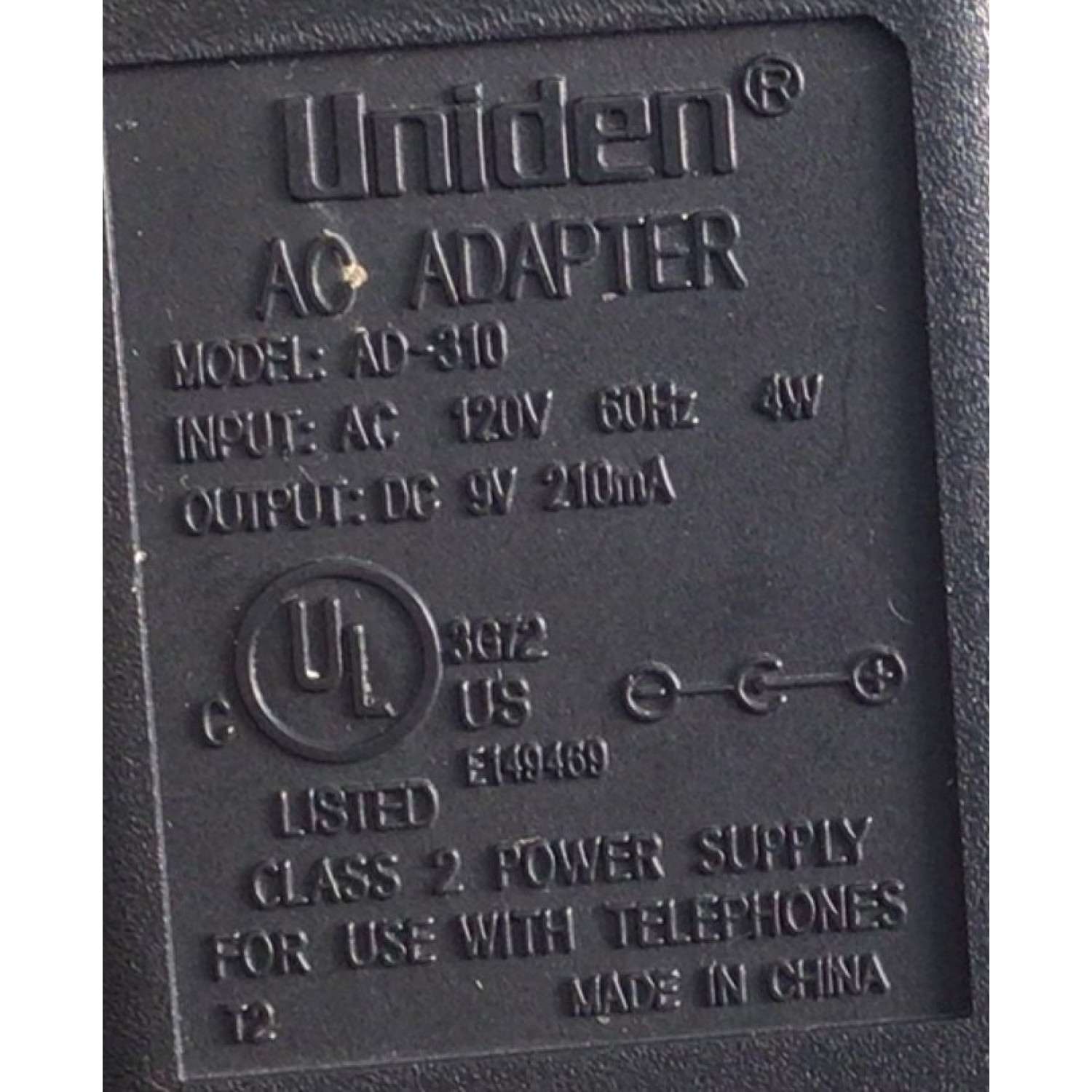 CARGADOR / ADAPTADOR DE FUENTE DE ALIMENTACION UNIDEN / NUMERO DE PARTE AD-310 / E149469 / ENTRADA VCA 120V 60HZ 4W / SALIDA VCD 9V 210MA / MODELO AD-310 - Imagen 4